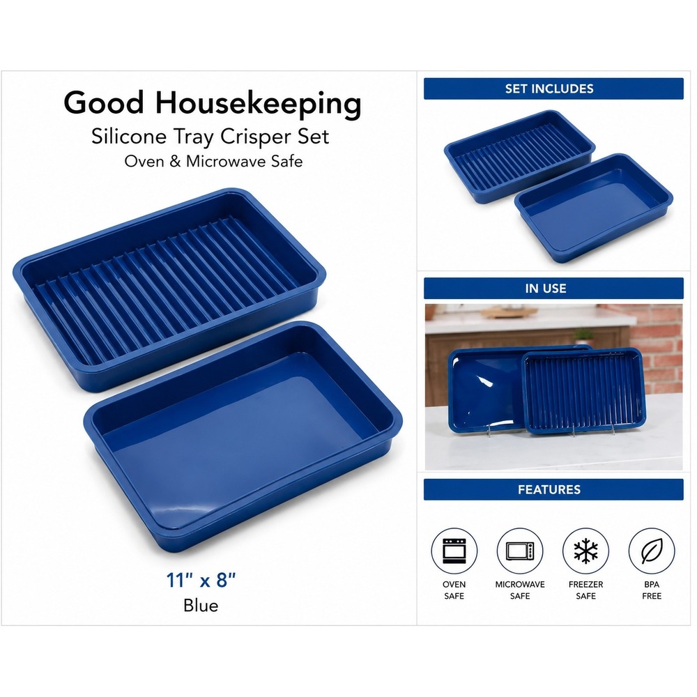 Good Housekeeping Silicone Tray Crisper Set Blue 2-Piece Oven Microwave‎ Safe